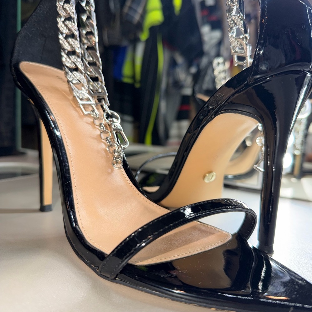 Sleek Black Patent Leather Heels with Silver Chain